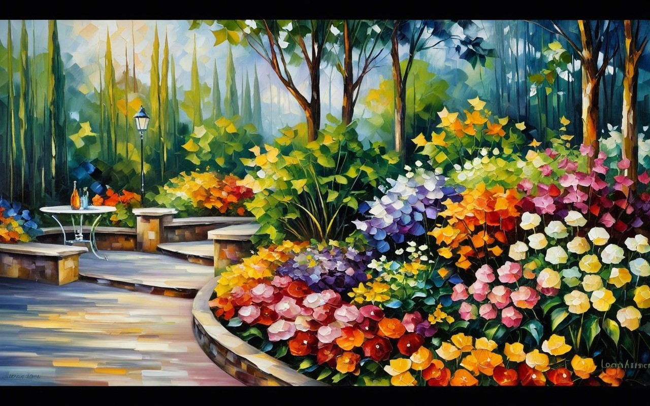 Vibrant Garden with Colorful Flowers and Stone Pathway