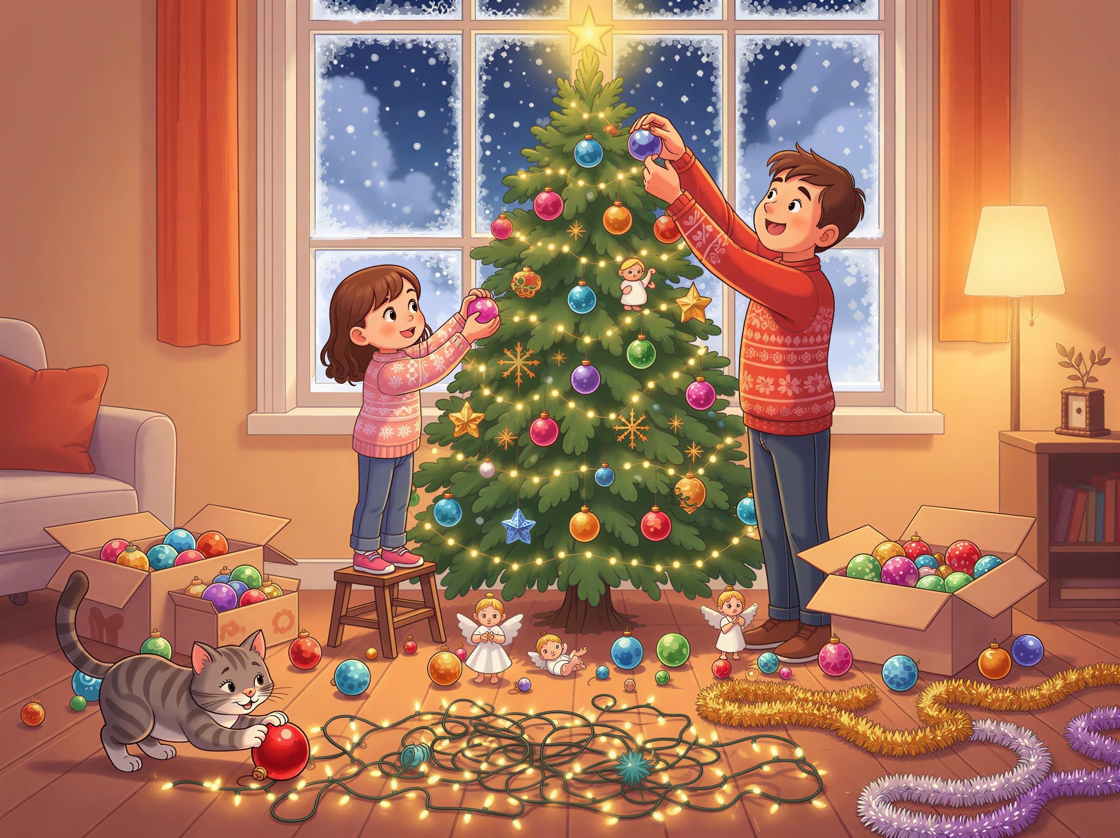 Cartoon Siblings Decorating a Christmas Tree Indoors
