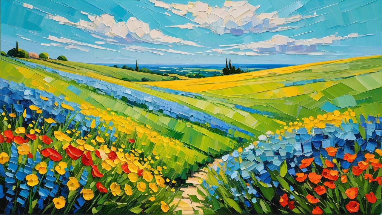 Vibrant Landscape with Hills and Colorful Flowers