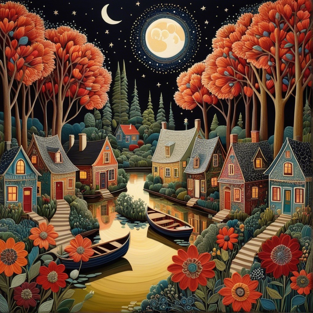 Colorful Evening Scene with Whimsical Houses and Moon