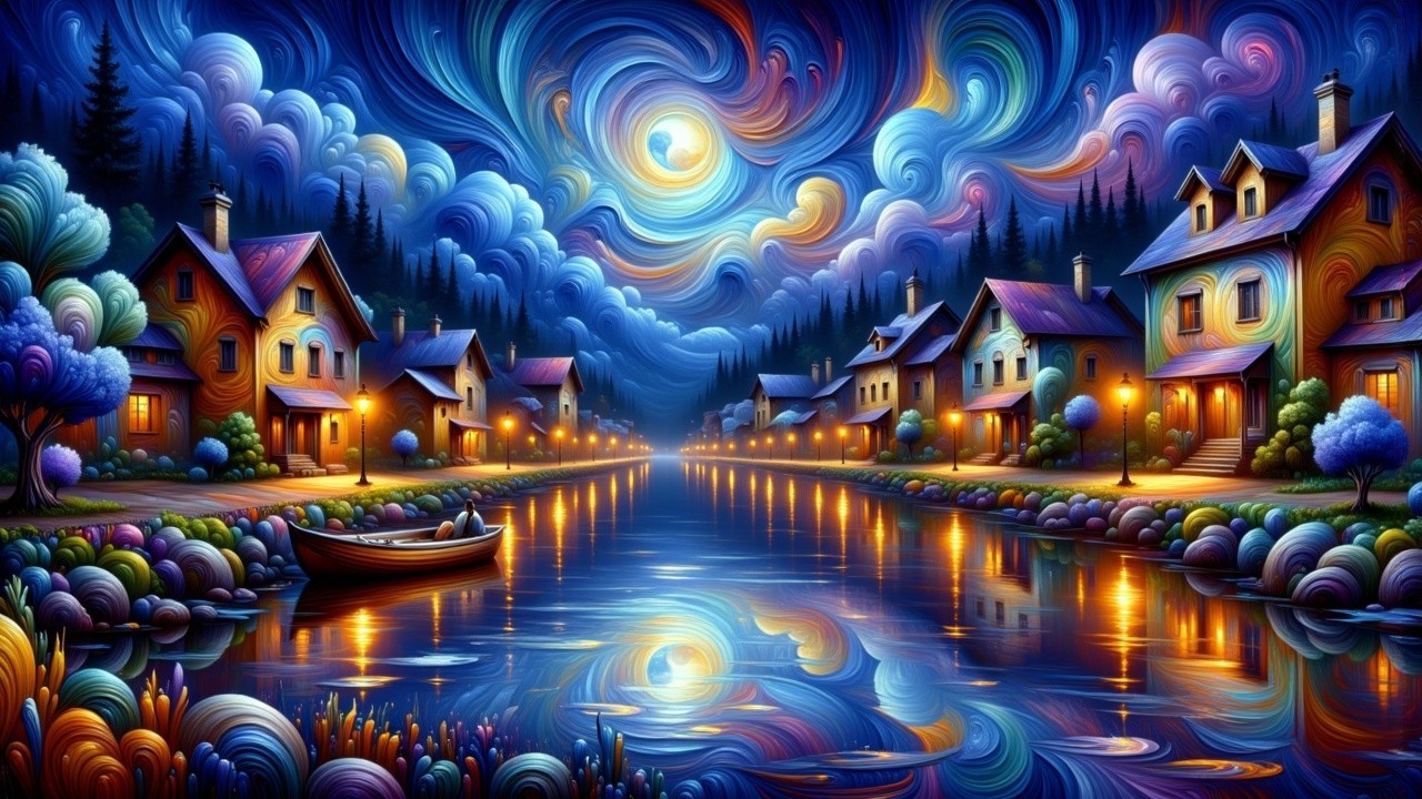 Vibrant Night Scene of a Village by a River