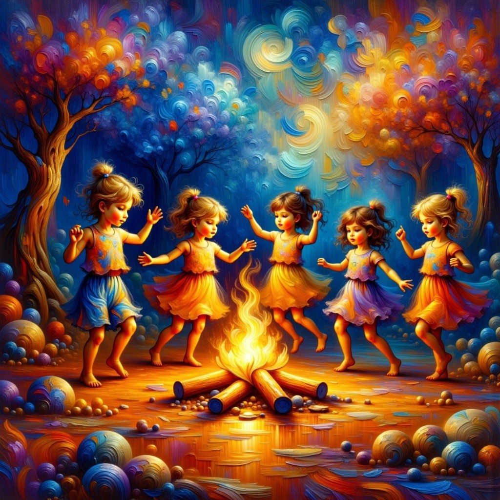 Children Dancing Around a Campfire in Enchanted Forest