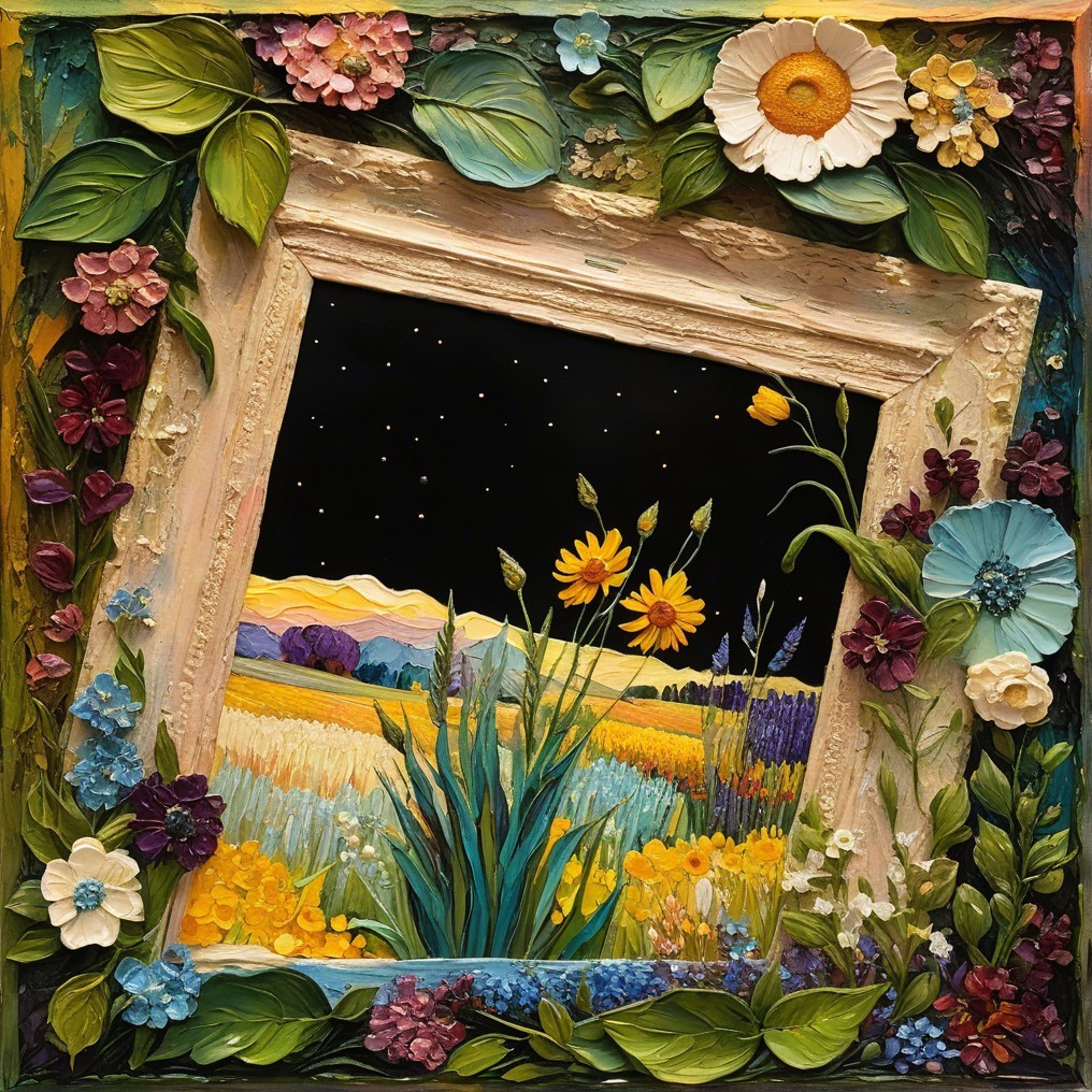 Vibrant Textured Landscape Painting with Floral Frame