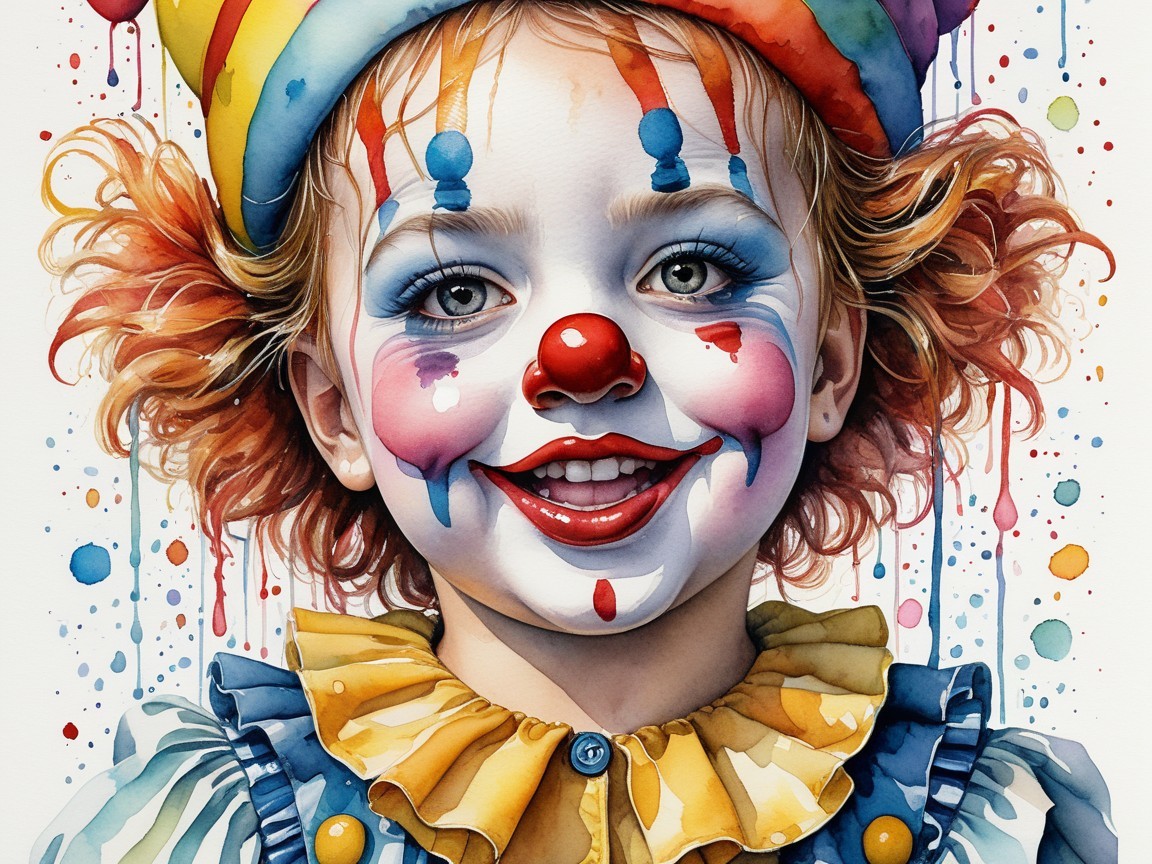 Cheerful clown child with vibrant hair and colorful attire
