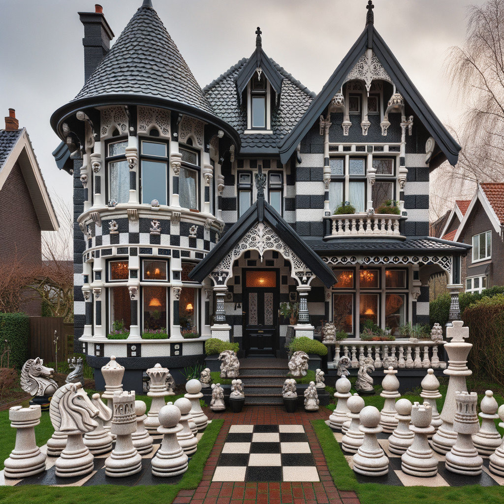 Unique Architectural House with Chess-Themed Garden