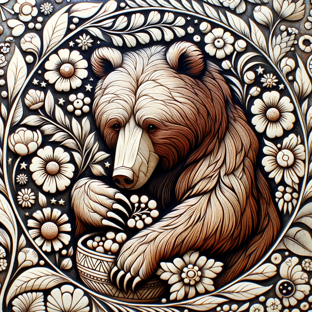 Carved Bear Surrounded by Floral Frame Artwork