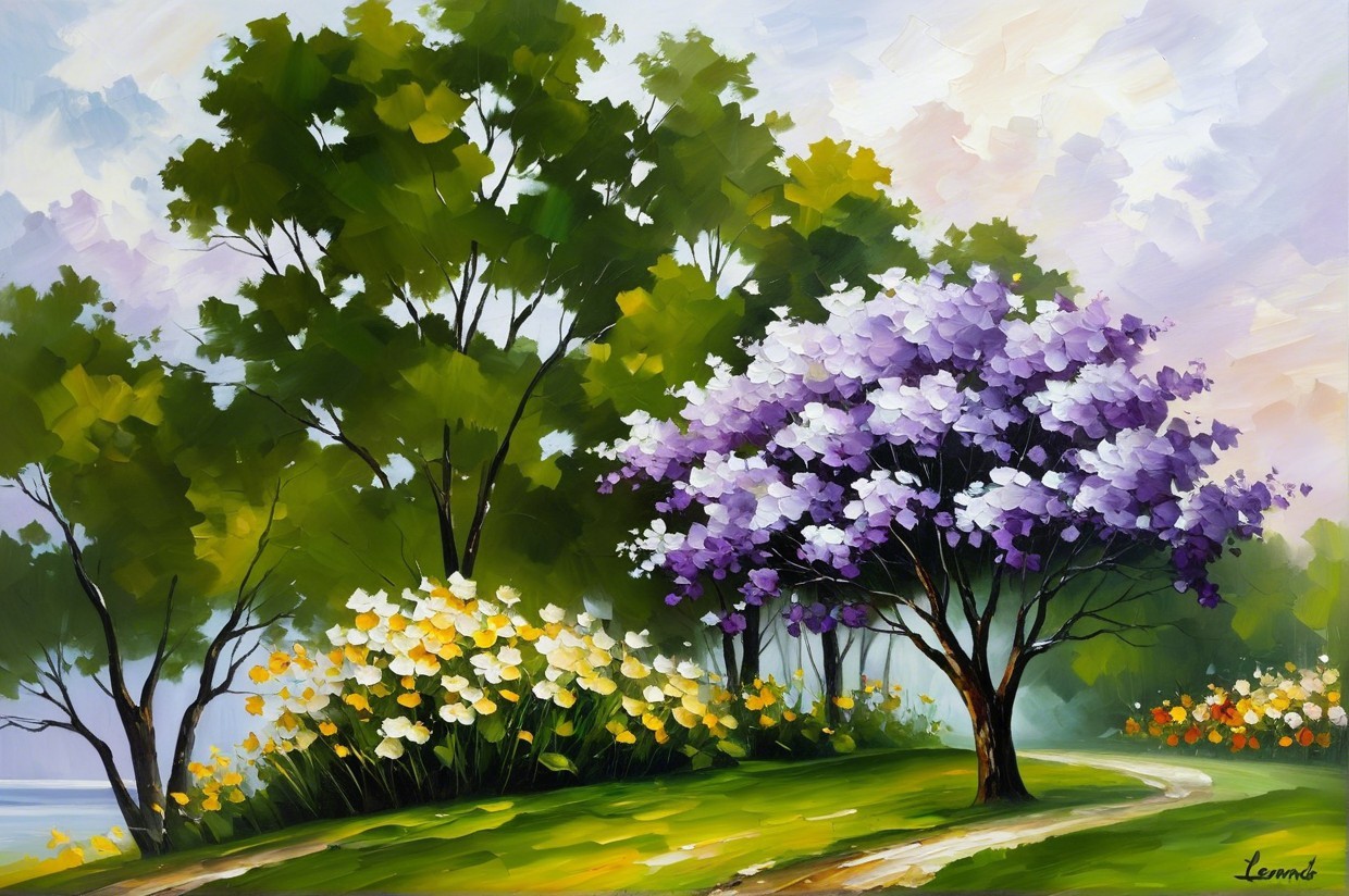 Vibrant Landscape with Lush Trees and Colorful Flowers
