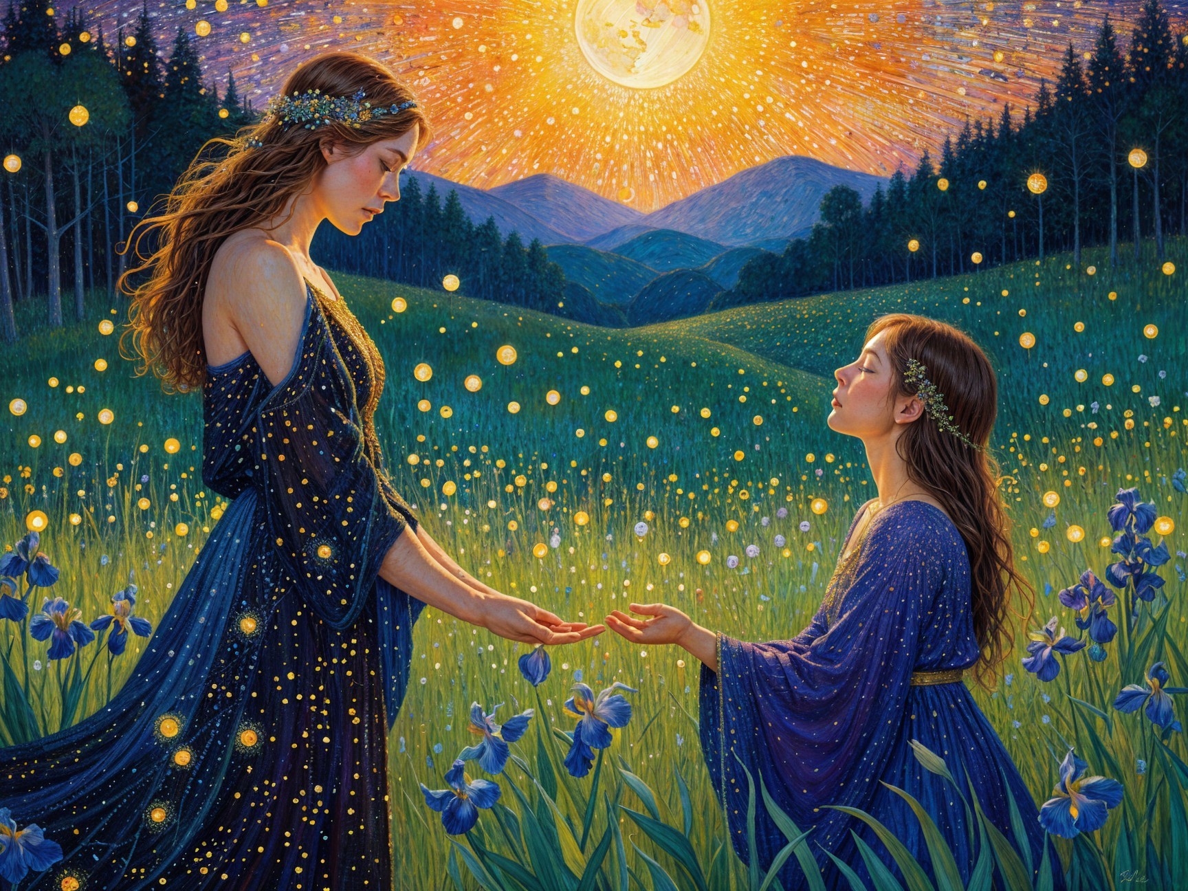 Ethereal Figures in a Field of Vibrant Irises