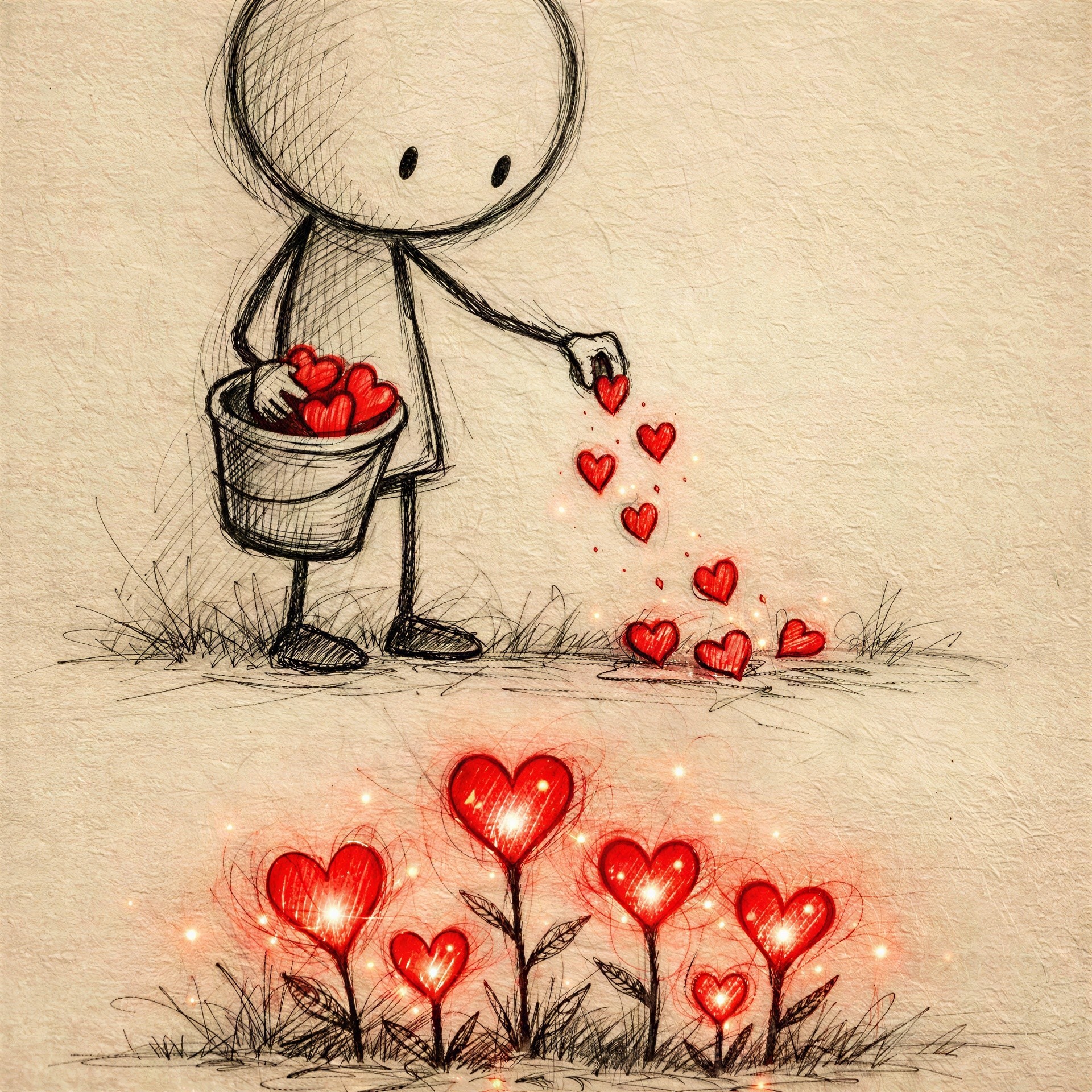 Whimsical Cartoon Stick Figure Sowing Heart Garden