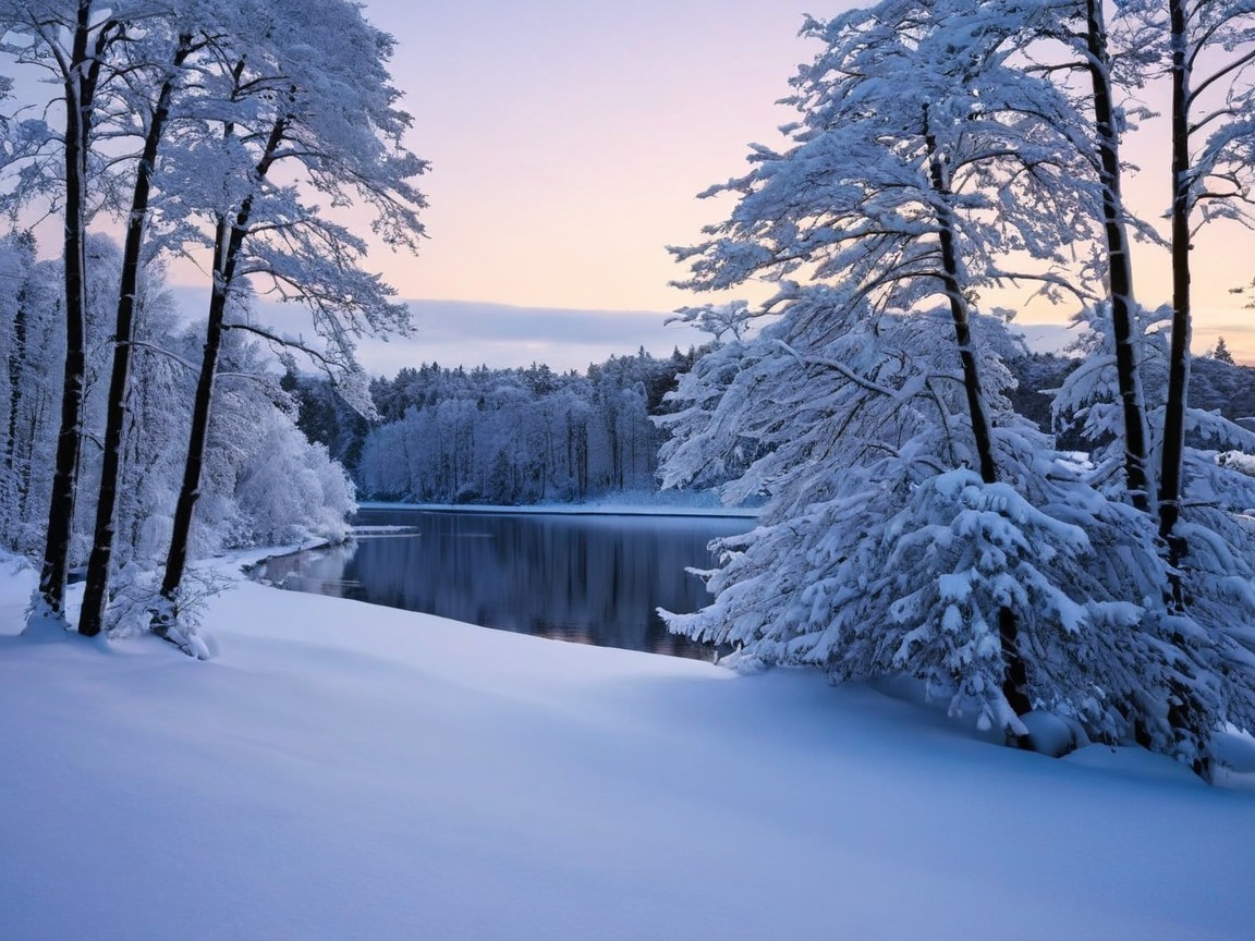 Winter Wonderland with Snow-Covered Trees and Lake