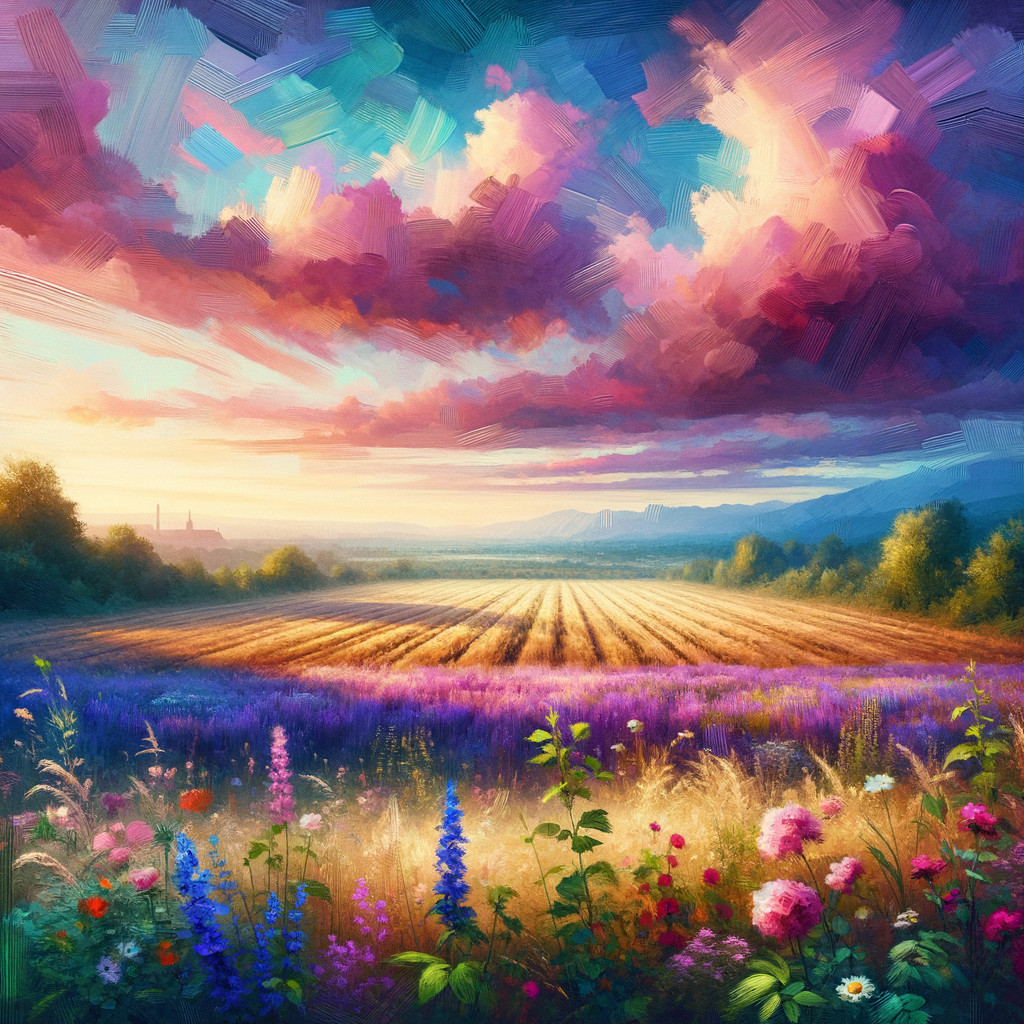 Vibrant Sunset Landscape with Wildflowers and Hills