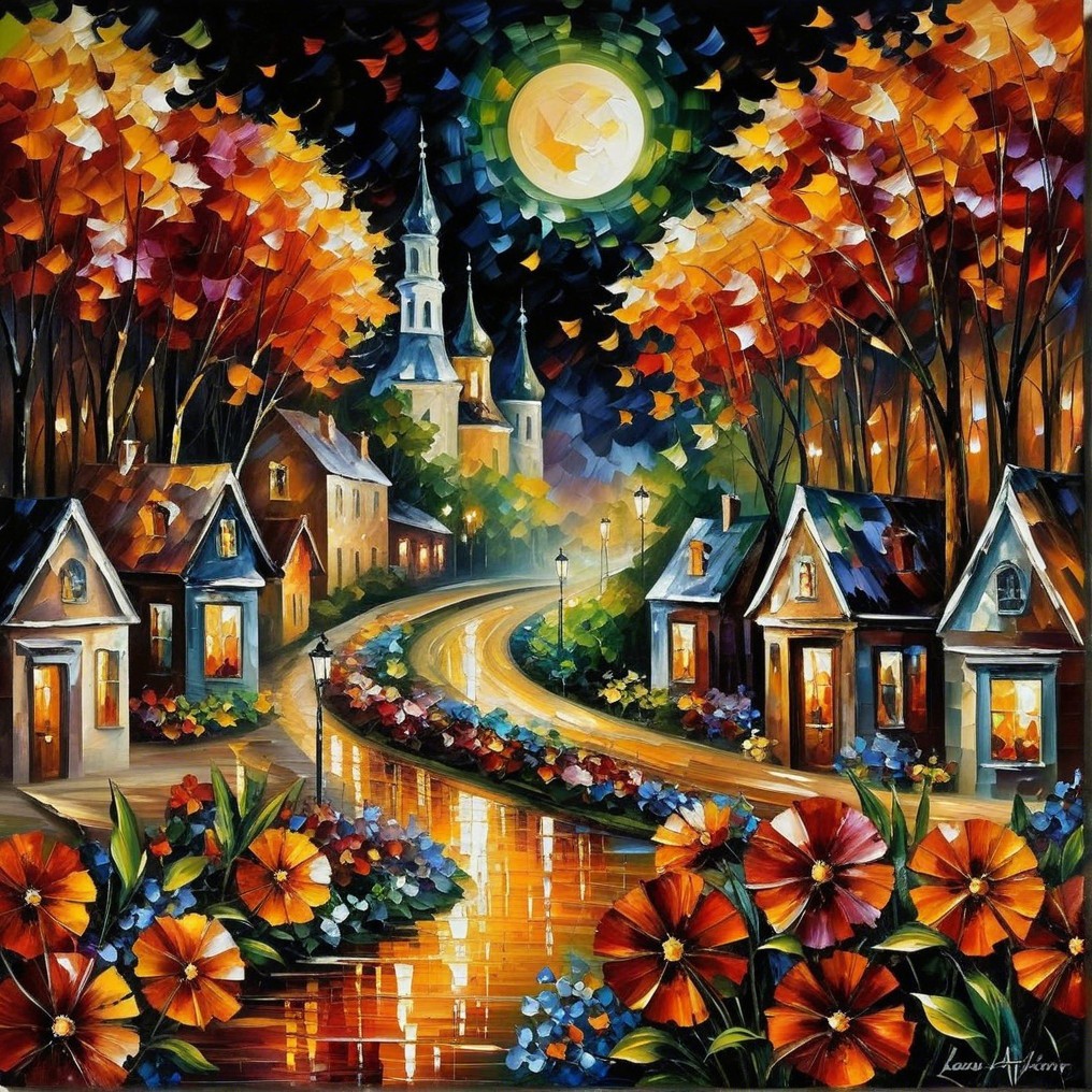 Vibrant Autumn Scene with Moonlit Road and Houses