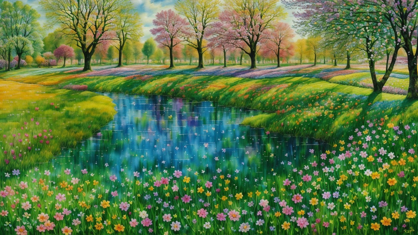 Vibrant Spring Landscape with River and Wildflowers