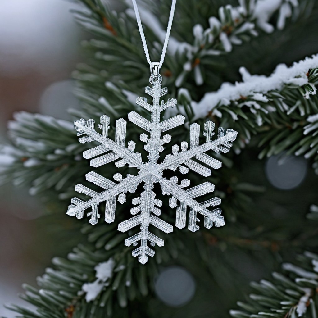 Translucent Snowflake Ornament on Evergreen Branch