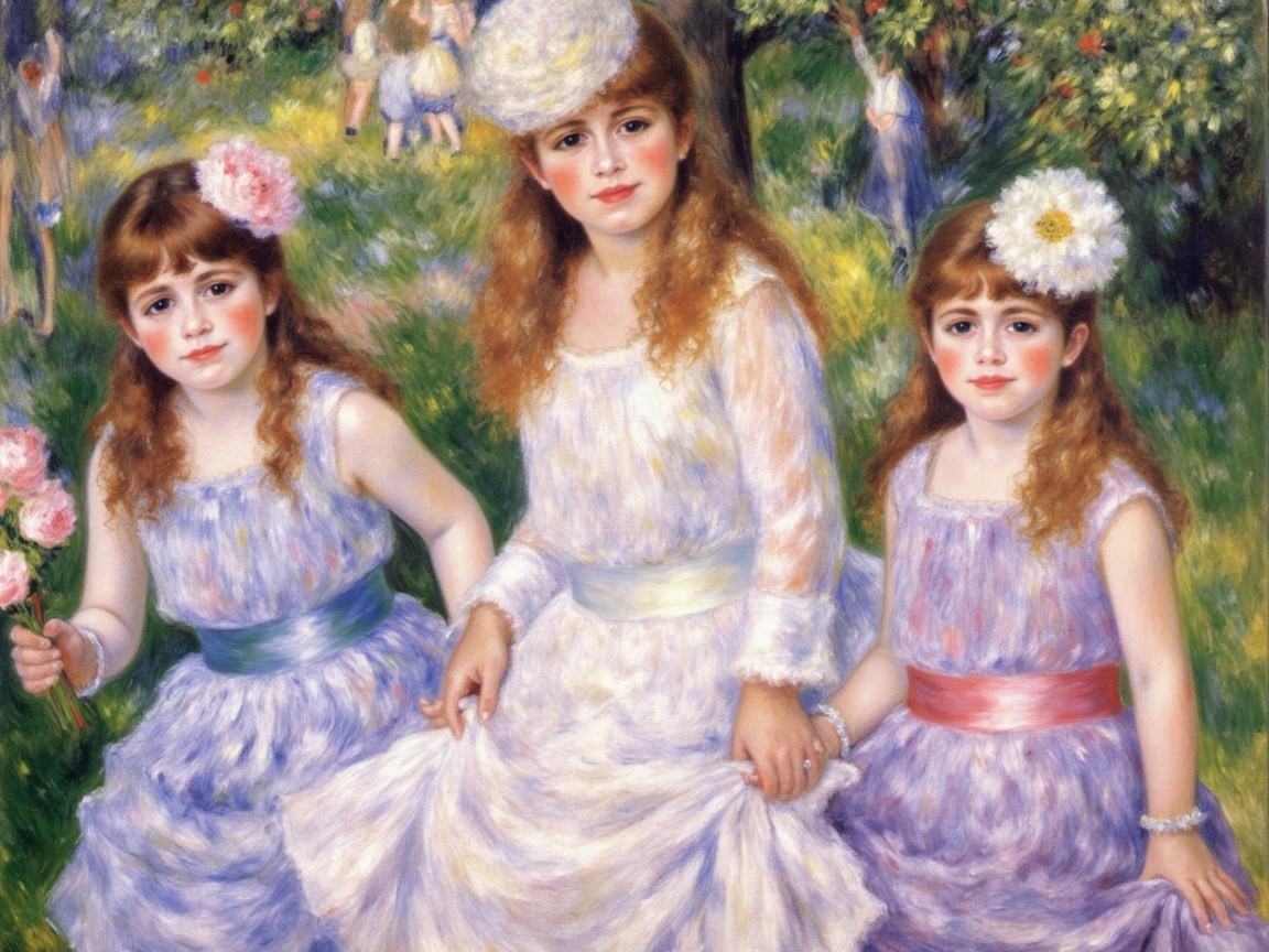 Charming Girls in Pastel Dresses in Sunlit Garden