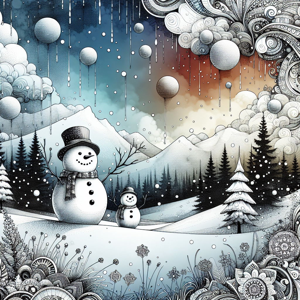 Whimsical Winter Landscape with Snowmen and Balloons