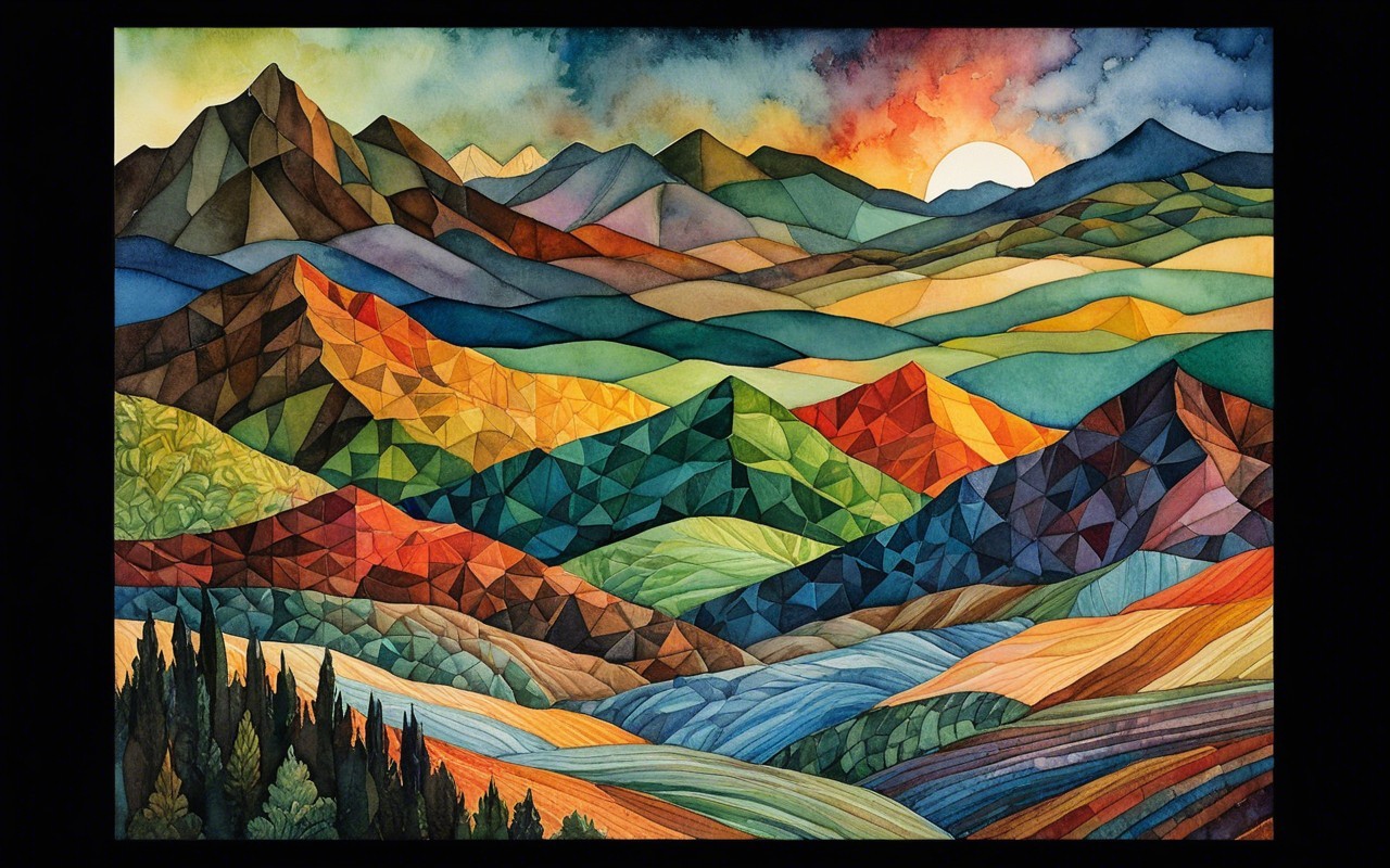 Vibrant Watercolor Landscape with Geometric Mountains