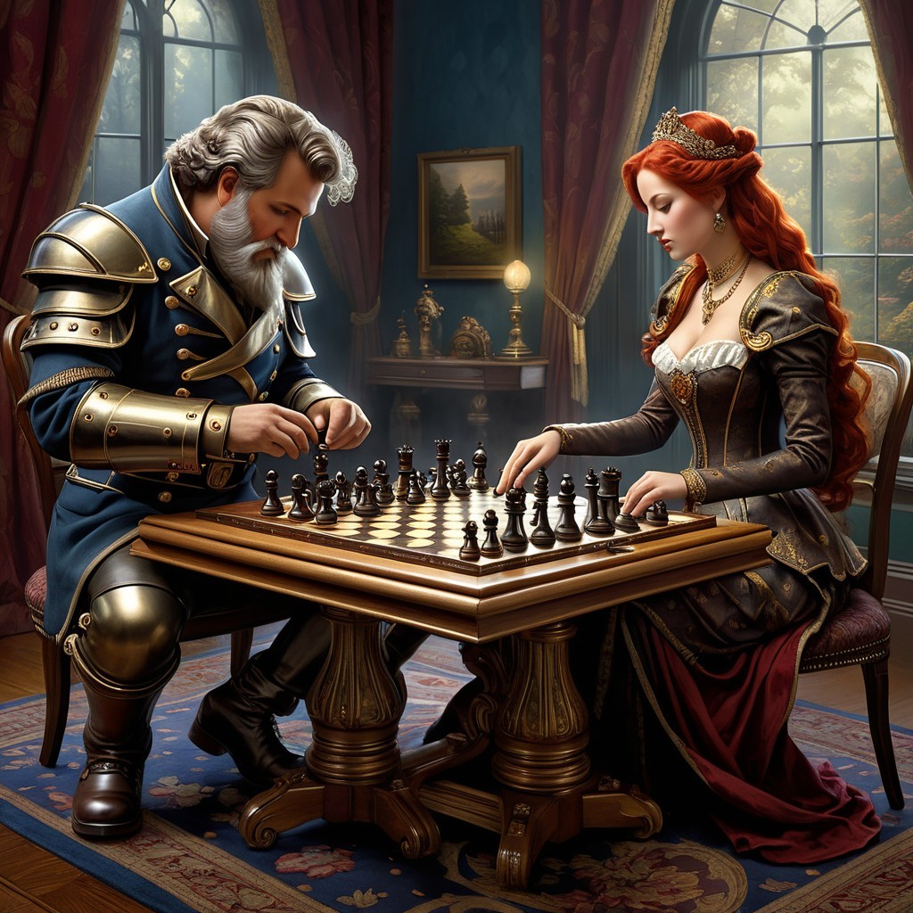 Knight and Noblewoman in Opulent Chess Match Scene