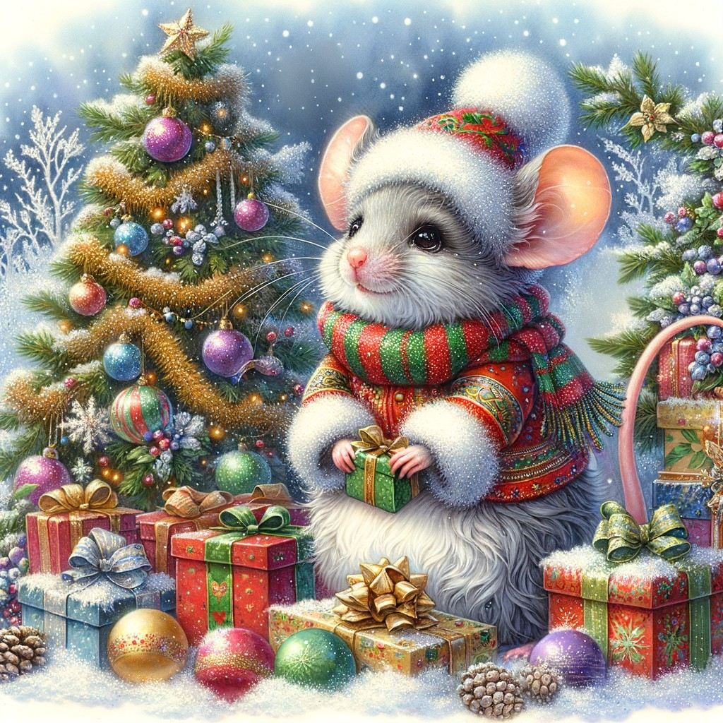 Festive Mouse Illustration Surrounded by Christmas Decorations