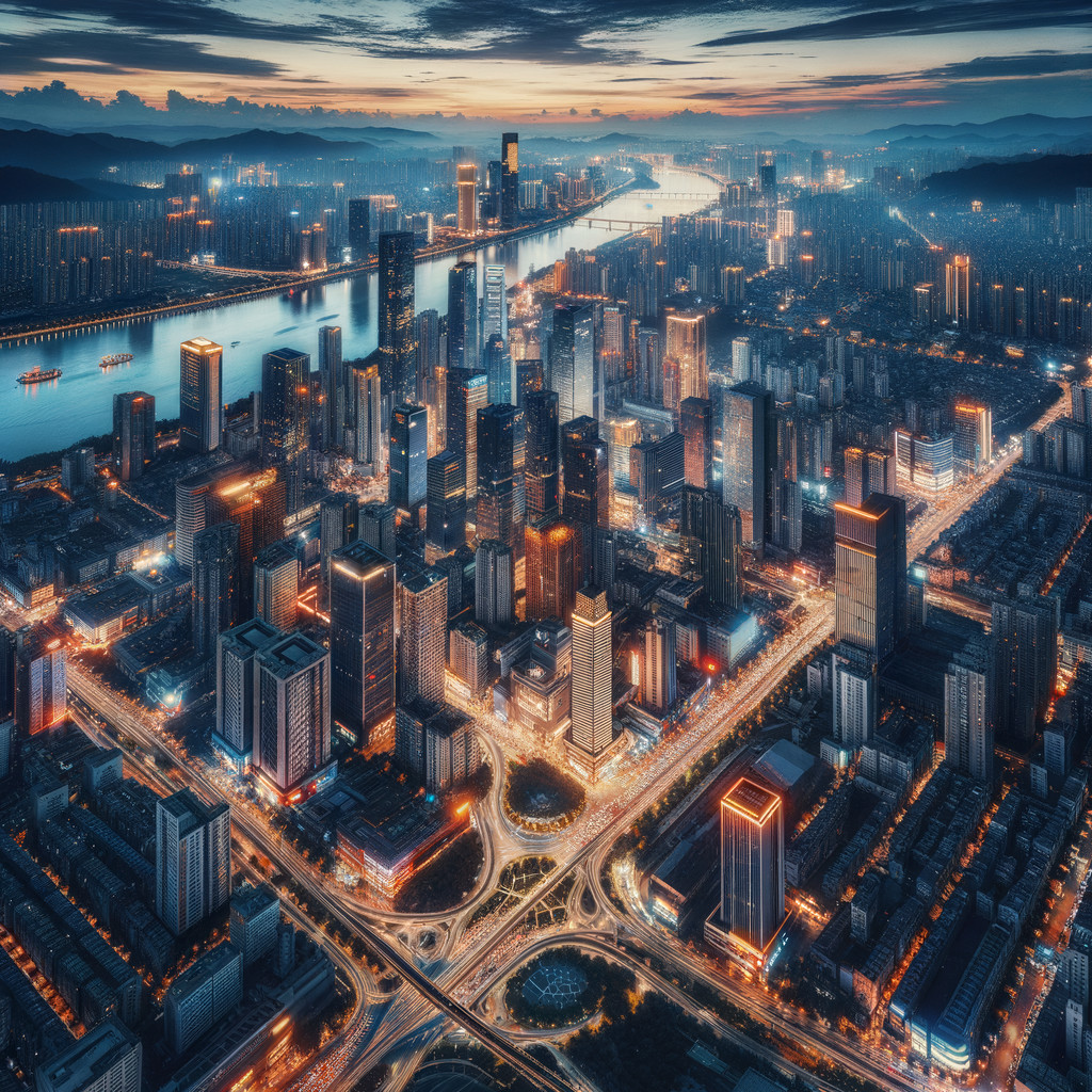 Urban Landscape at Twilight with River and Skyscrapers