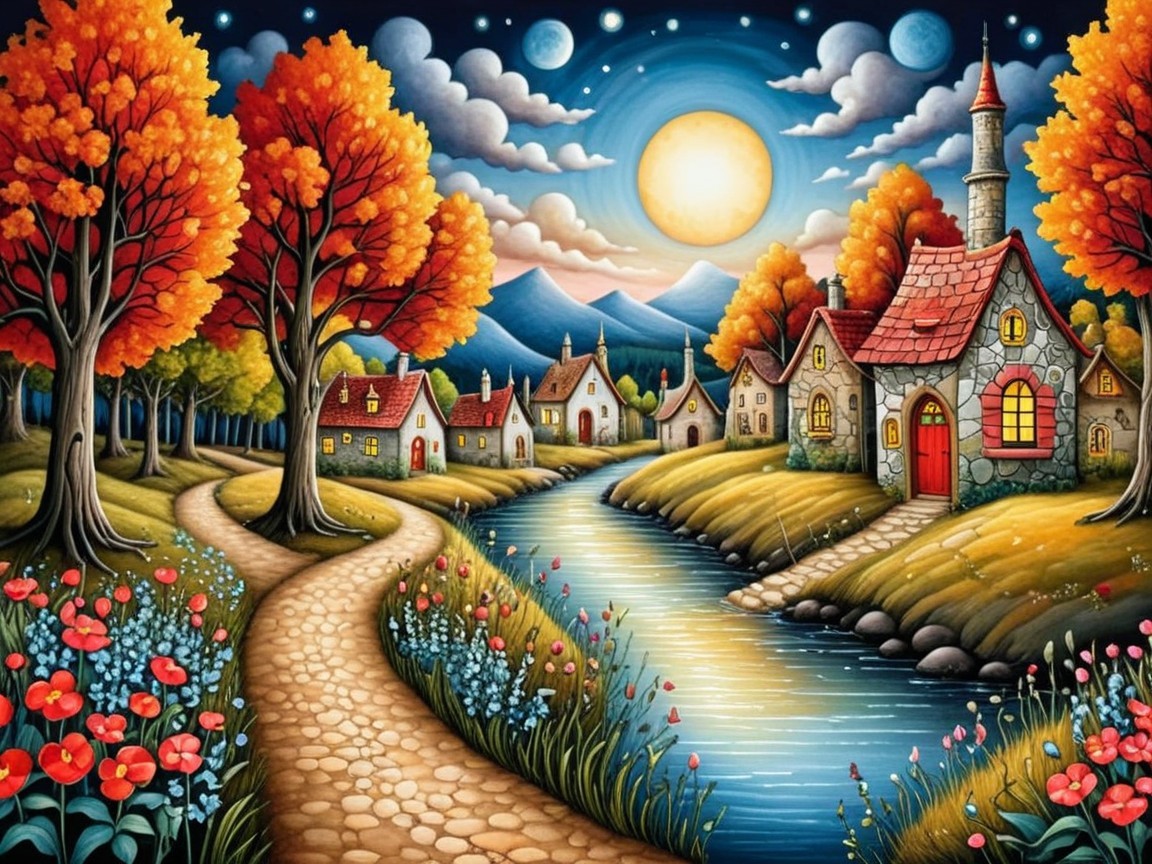 Whimsical Village Scene Under a Vibrant Night Sky