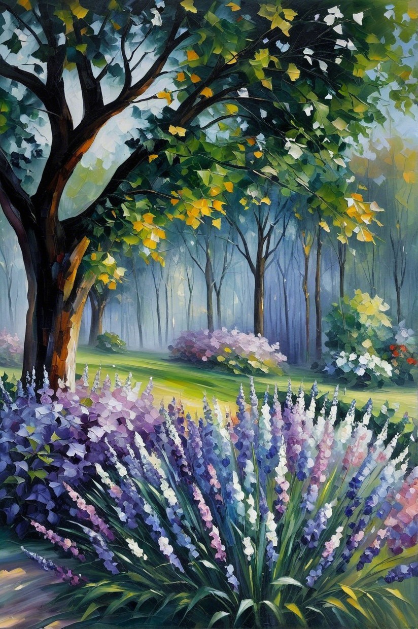 Vibrant Landscape Painting of a Lush Garden Scene