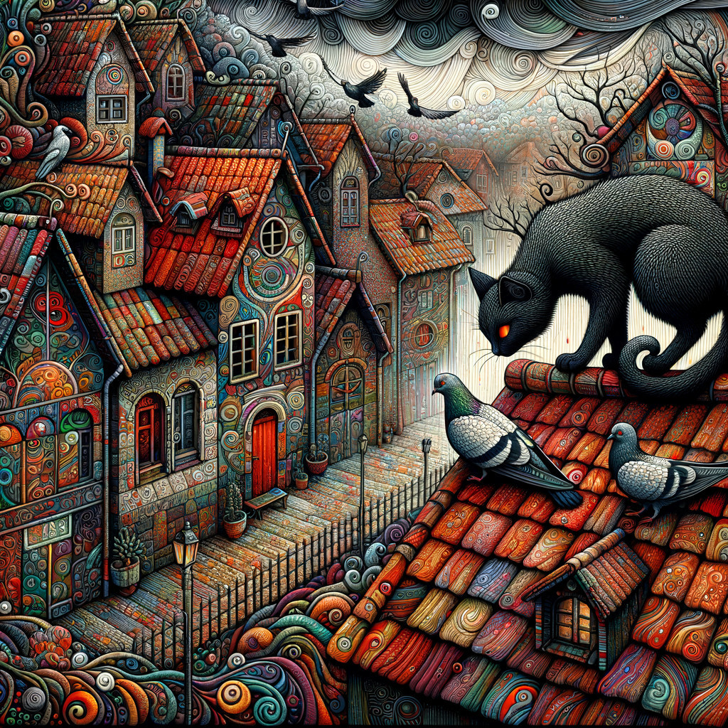 Colorful Village with Intricate Houses and Black Cat