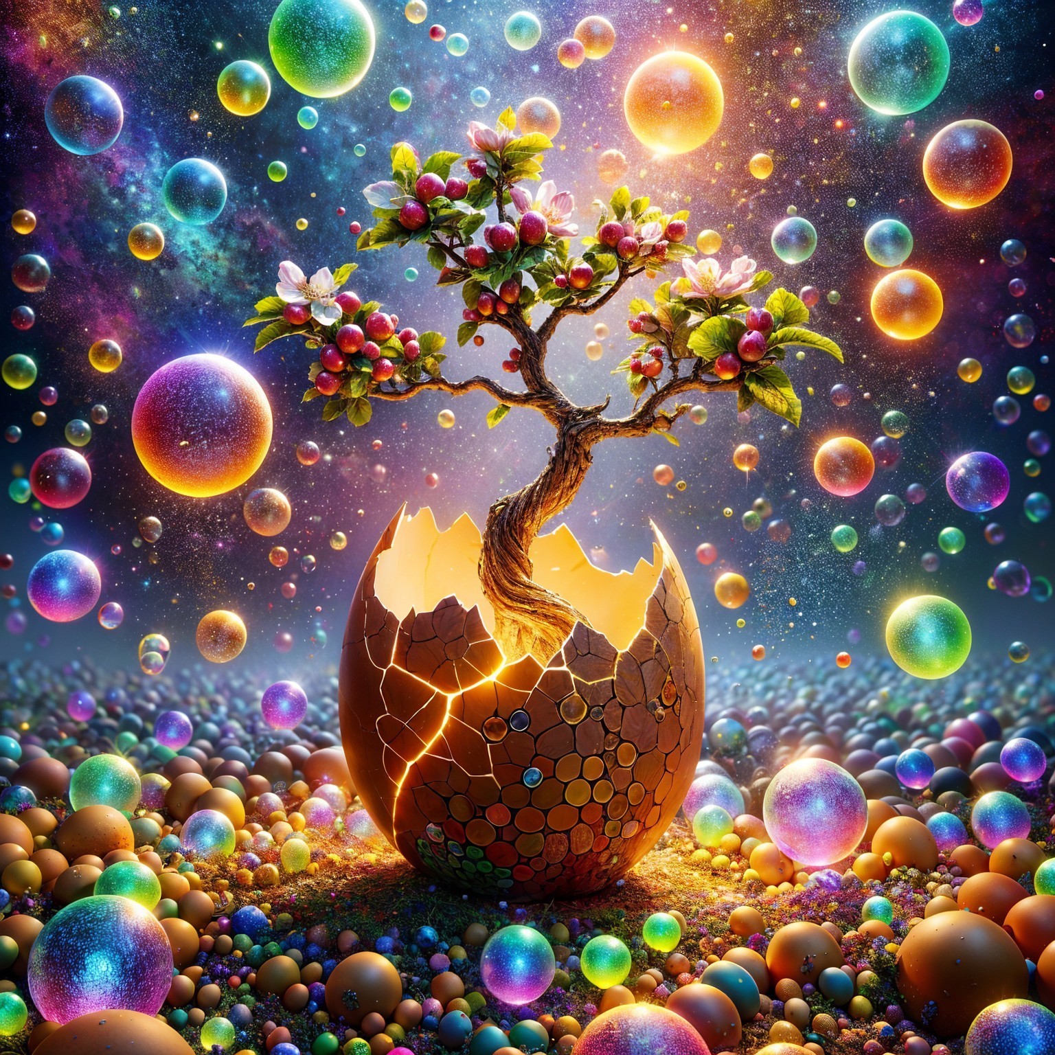 Surreal Scene of Tree from Cracked Golden Egg