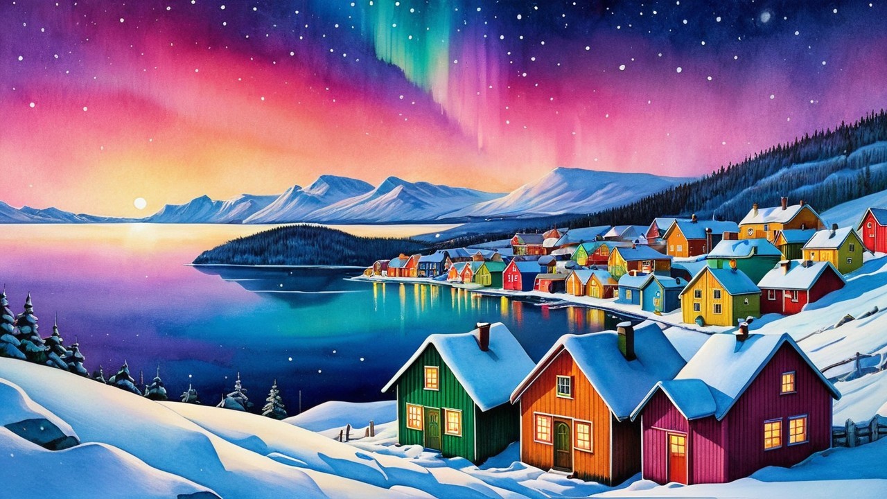 Vibrant Winter Landscape with Aurora Borealis Reflection