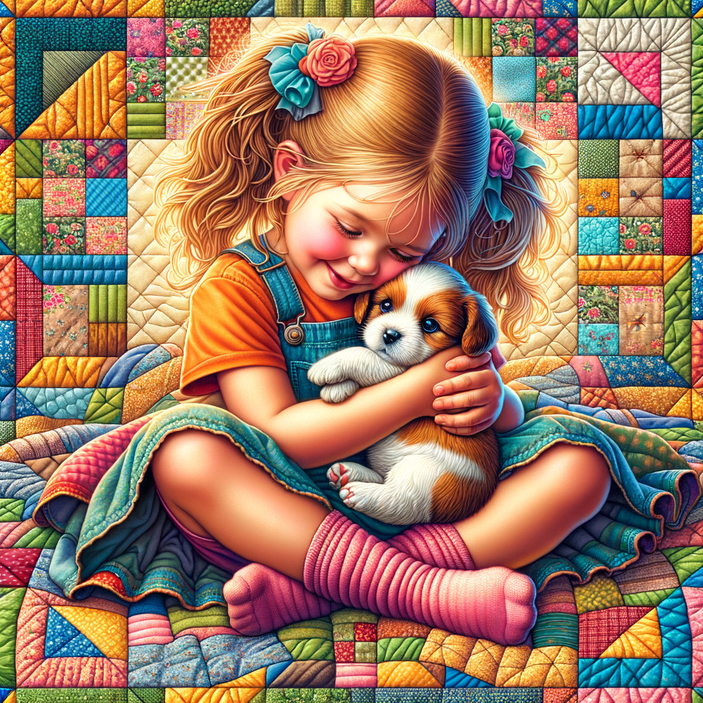 Young girl with puppy on colorful quilt