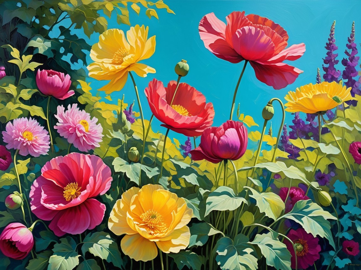 Vibrant Garden Scene with Colorful Flowers and Leaves
