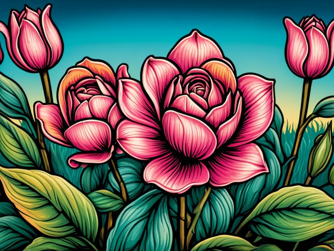 Vibrant Illustration of Blooming Roses and Leaves