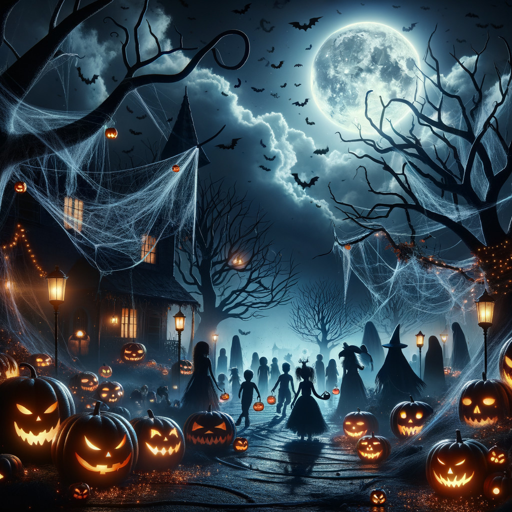 Spooky Halloween Scene with Moon and Jack-o'-Lanterns