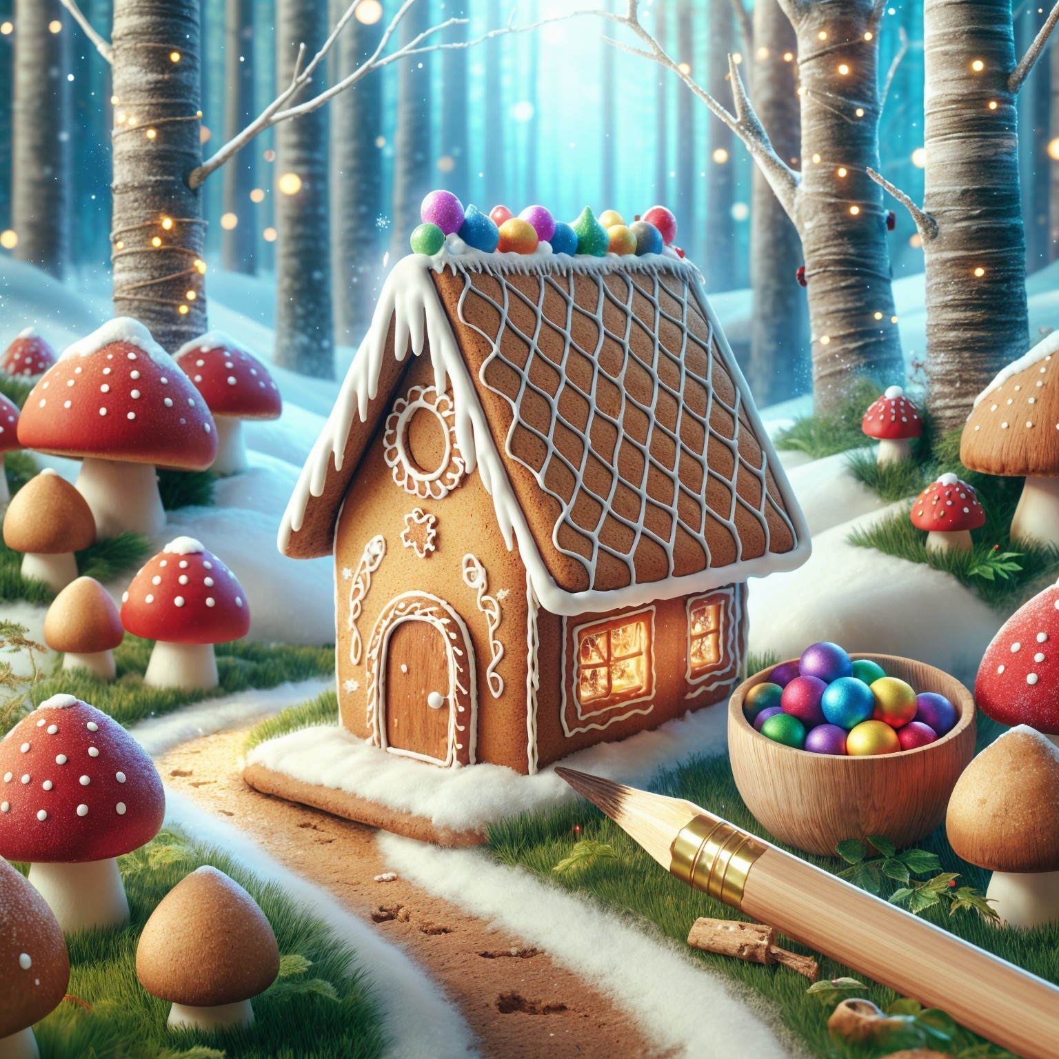 Gingerbread House in a Snowy Forest Setting