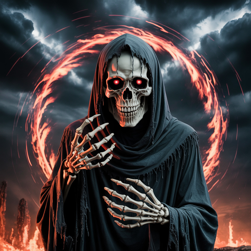 Ominous Figure in Black Robes Against Fiery Sky