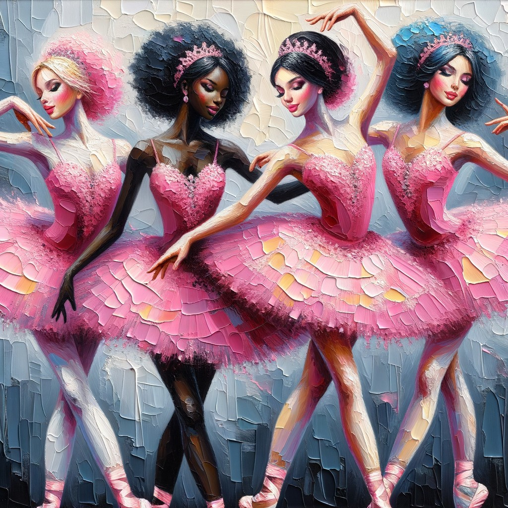 Four ballerinas in pink tutus and black gloves in synchronized pose with impressionistic style.