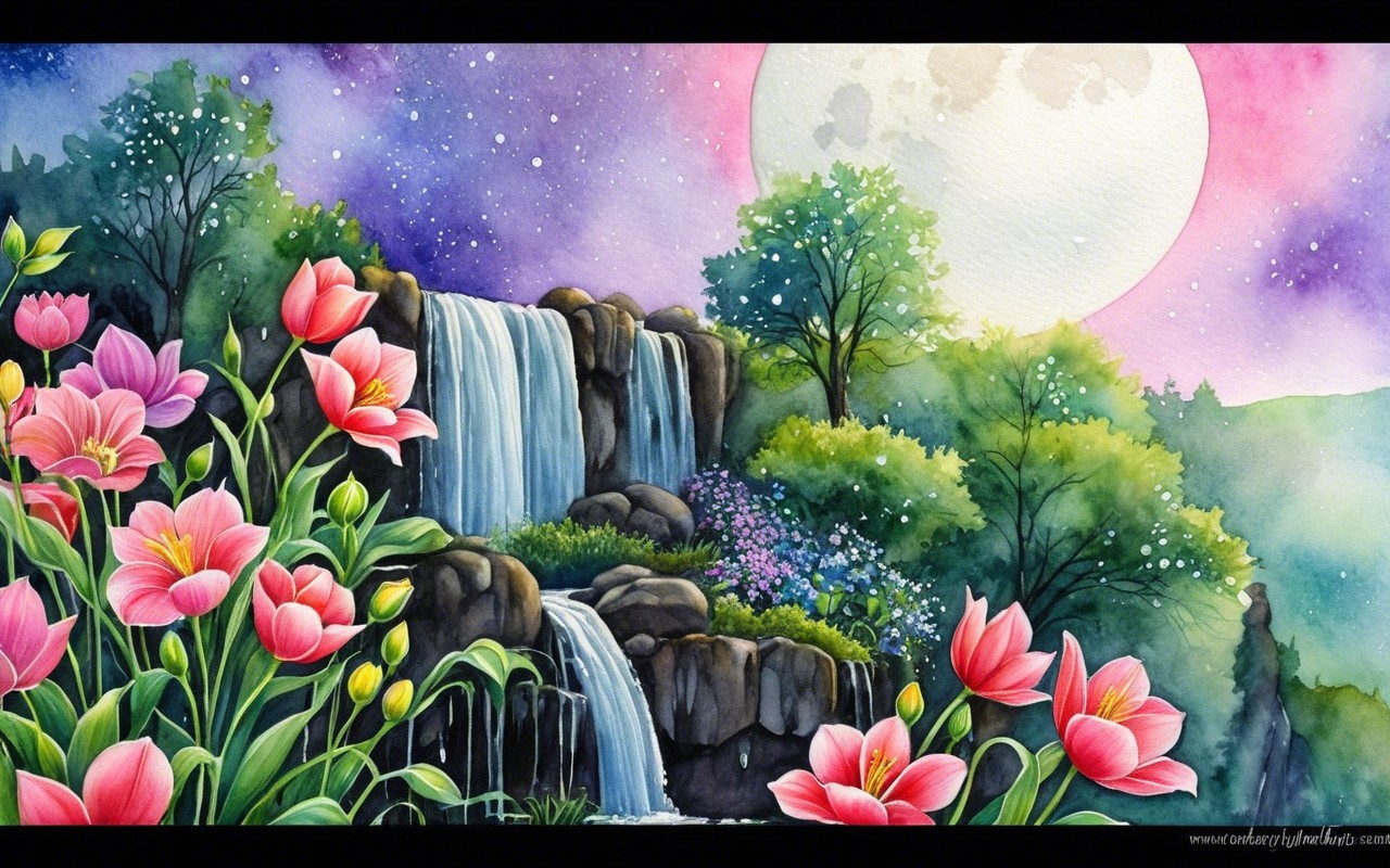 Cascading Waterfall in a Serene Moonlit Landscape