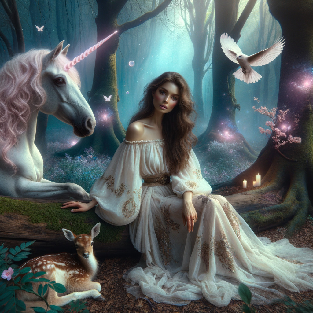 Mystical Forest Scene with Unicorn and Young Woman
