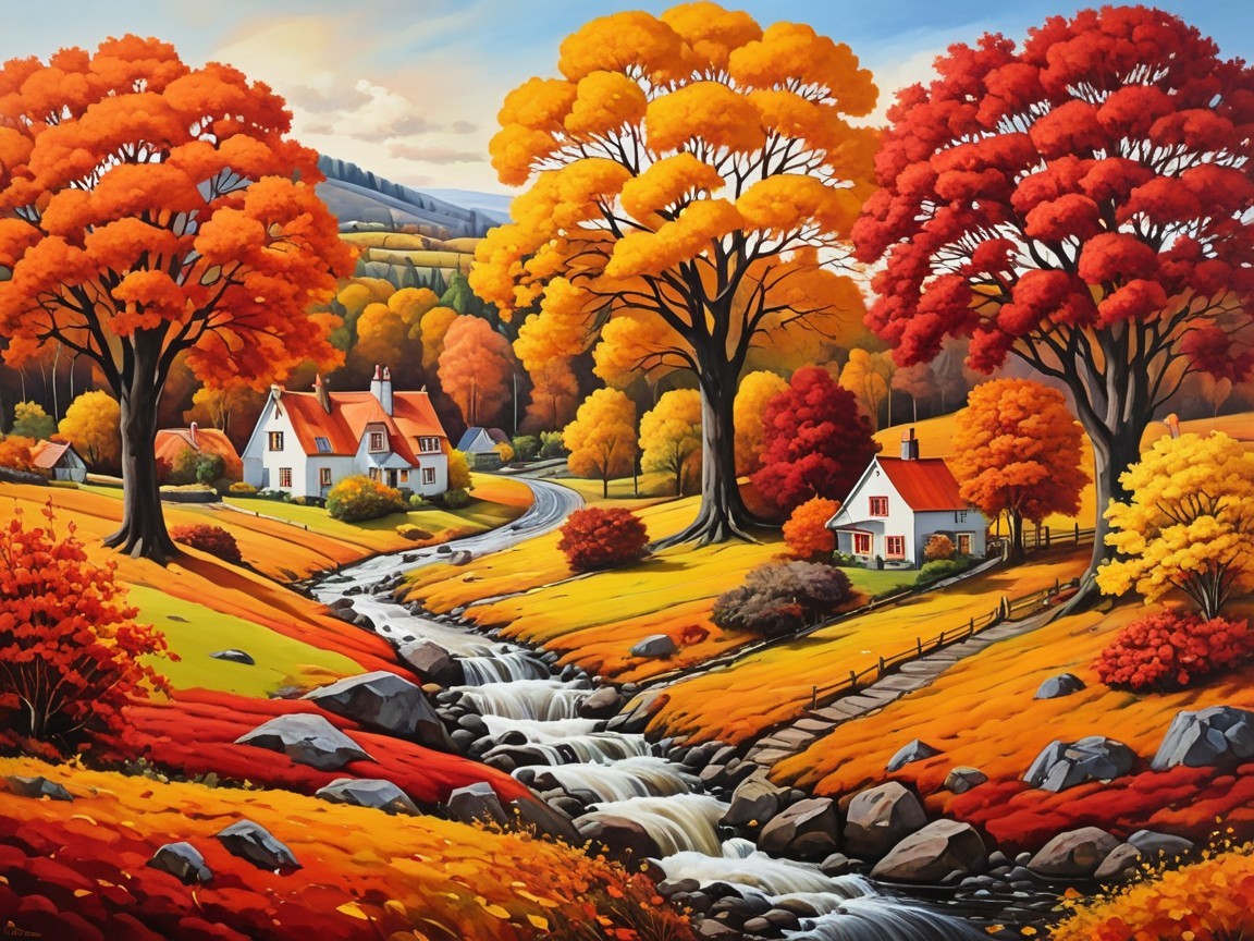 Autumn Landscape with Colorful Trees and Cottages