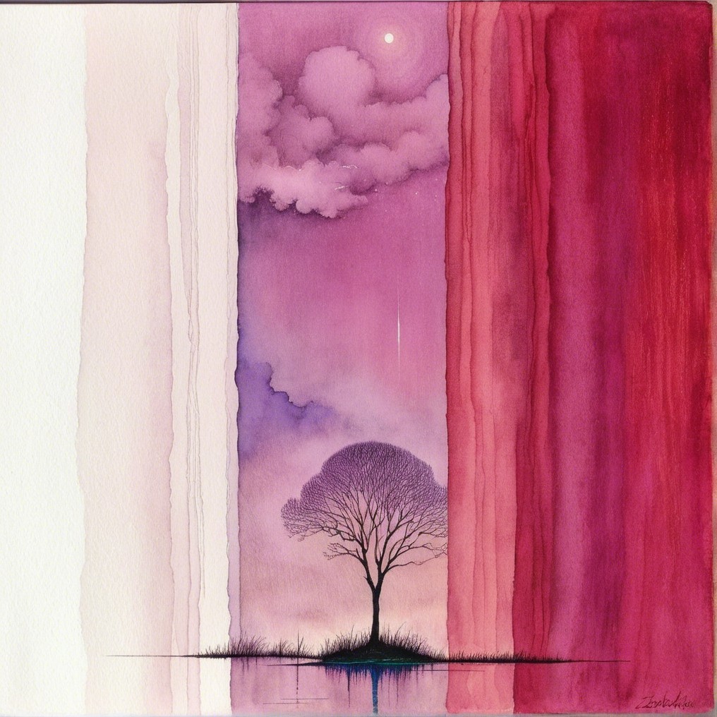 Watercolor Painting of a Tree at Sunset Reflection