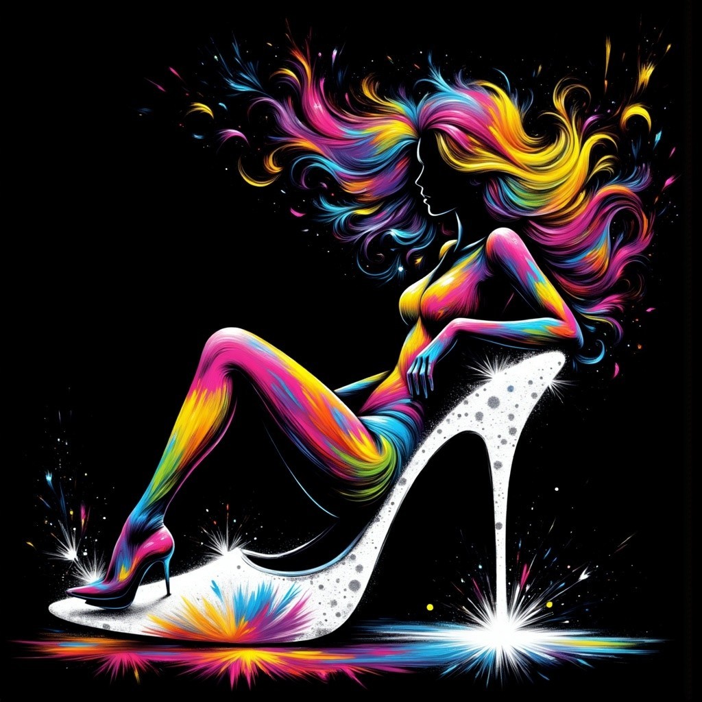 Vibrant Artistic Depiction of Woman on High-Heeled Shoe