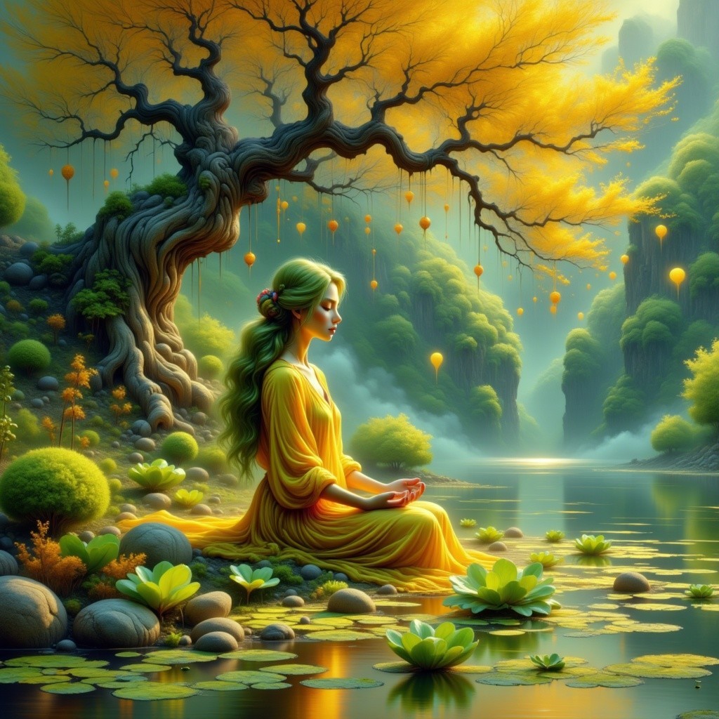 Woman Meditating by a Tranquil Lake in Nature