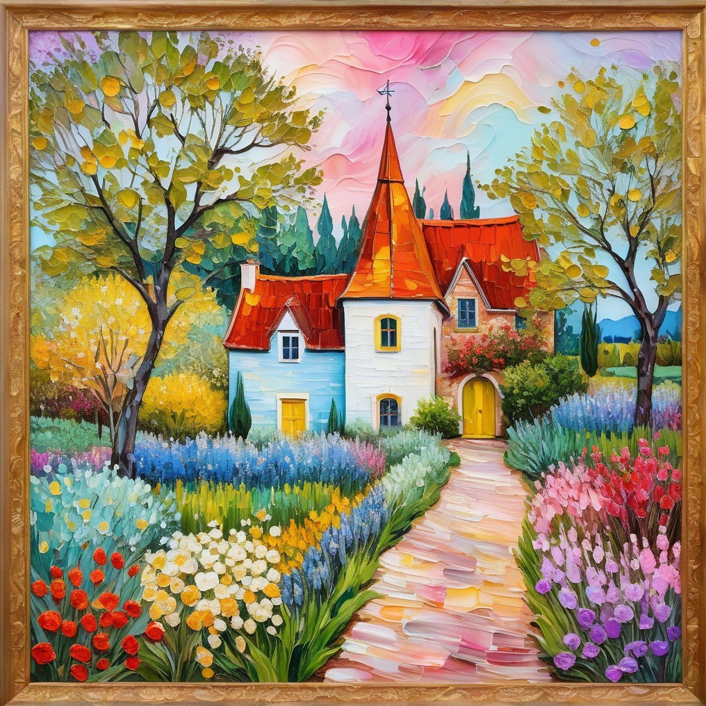Impressionistic Painting of a House in a Garden