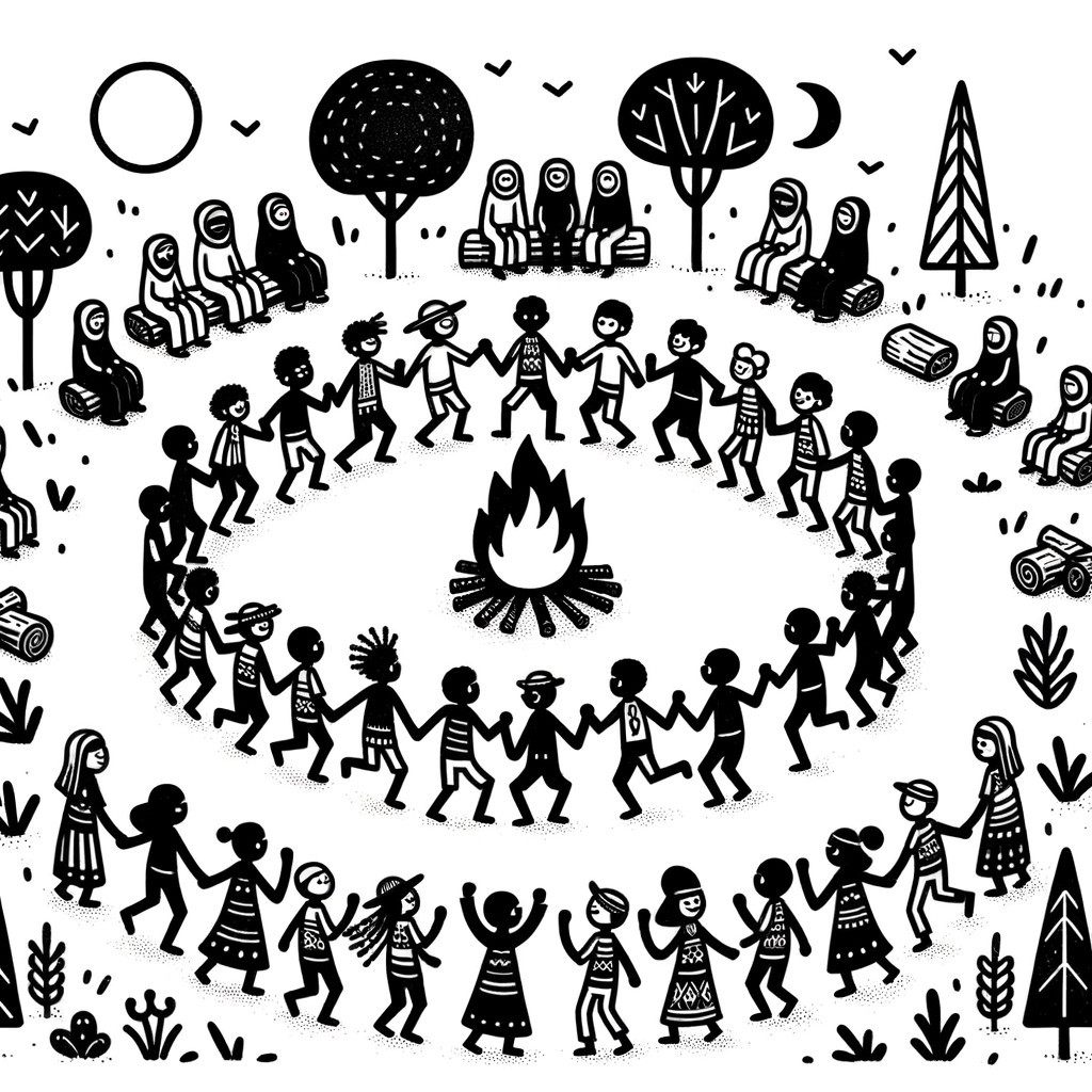Diverse Group Holding Hands Around Campfire Illustration