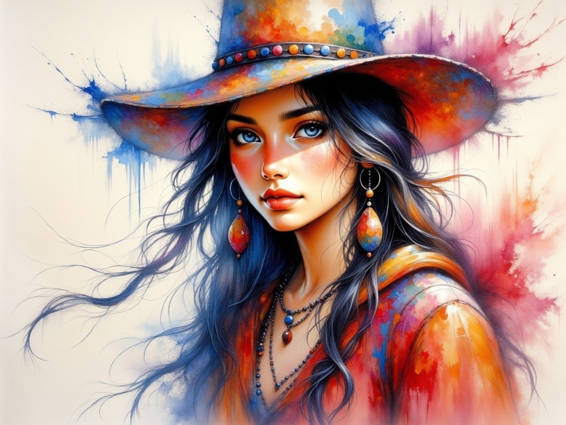 Young woman in colorful hat with vibrant accessories