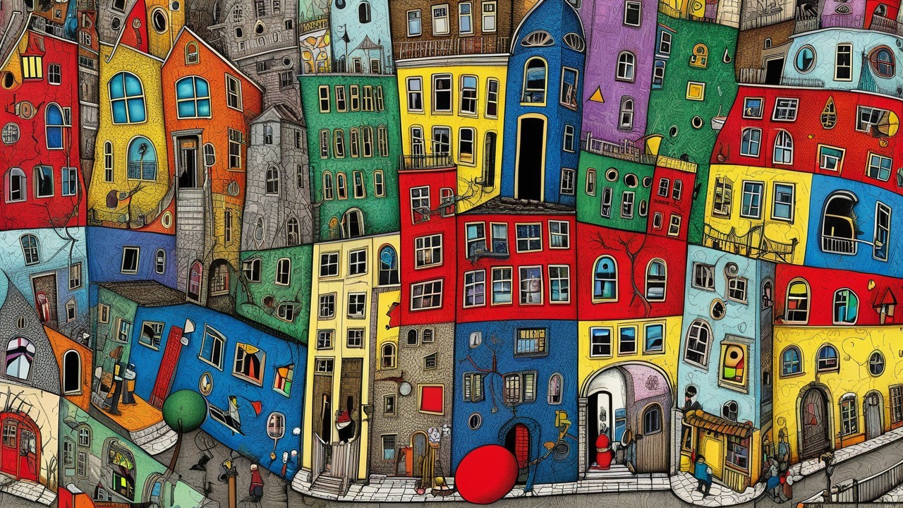 Vibrant Whimsical Townscape with Colorful Architecture