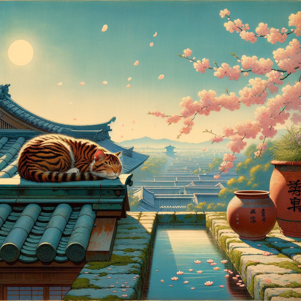 Sunset Rooftop Scene with Cat and Cherry Blossoms