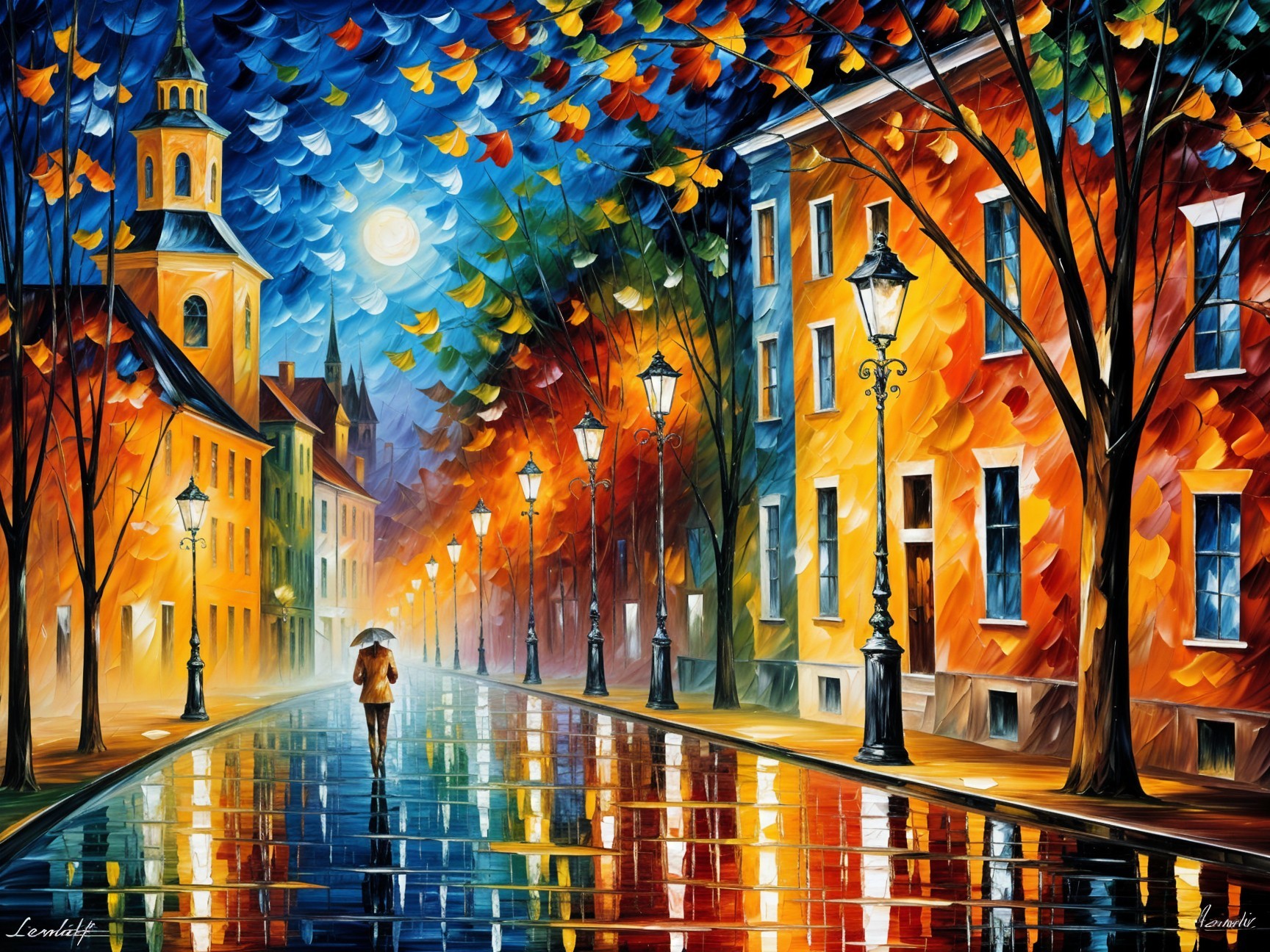 Autumn Scene with Cobblestone Street and Colorful Trees