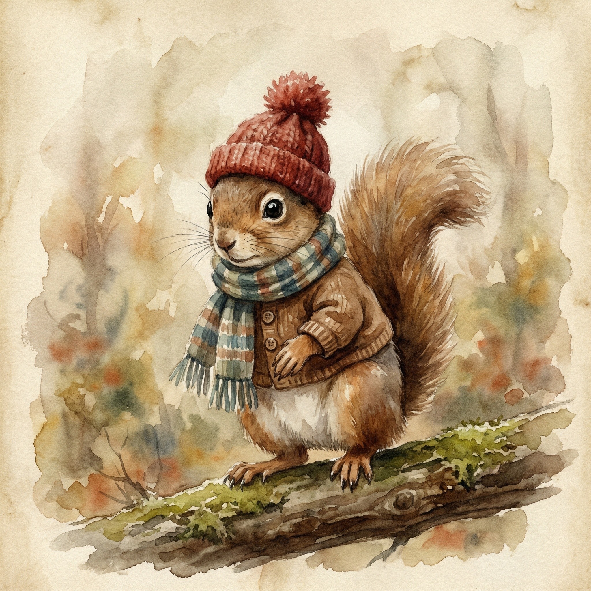 Watercolor of a squirrel in winter attire on a branch