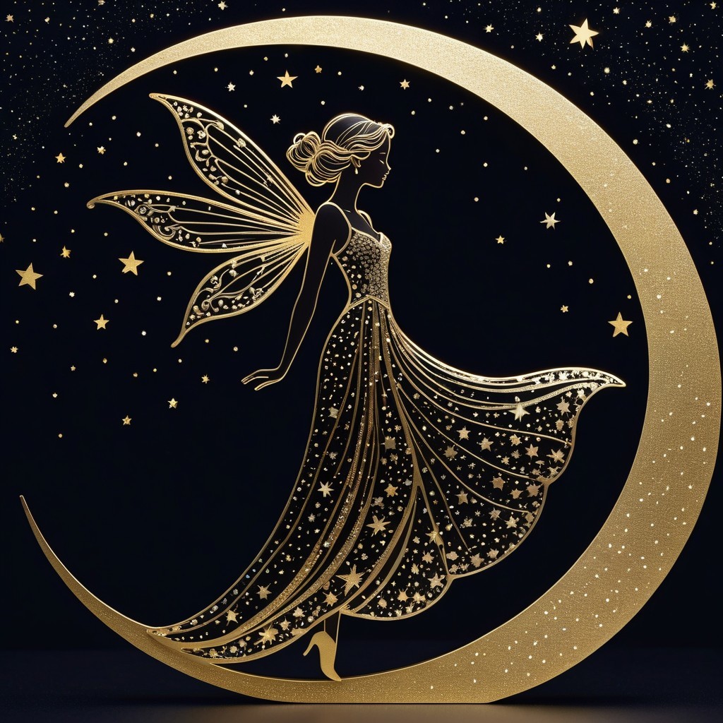 Fairy Silhouette in Crescent Moon with Golden Details